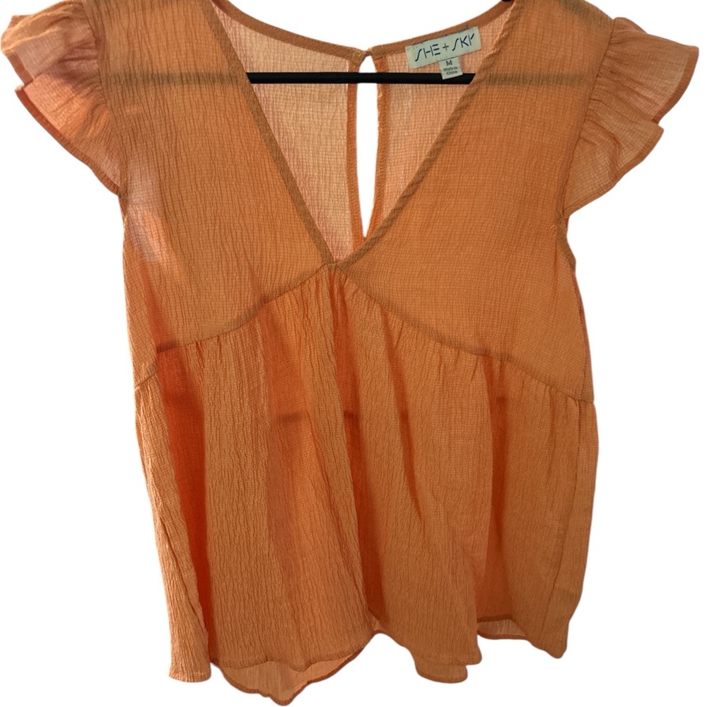 She + Sky Orange Flutter Sleeve Ruffled Blouse PTP 19 L 24